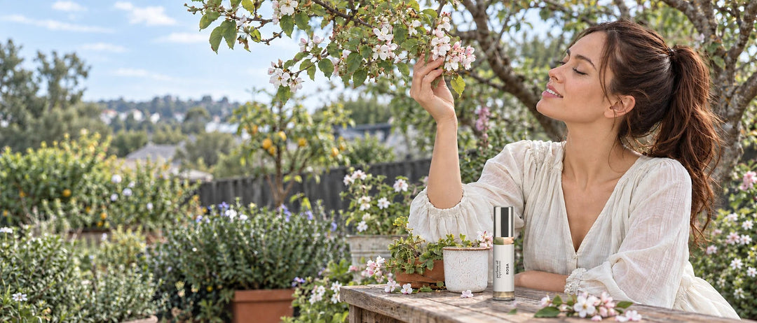 Woman beside spring blossoms with Rosa perfume oil by Perfume Oil Expressions
