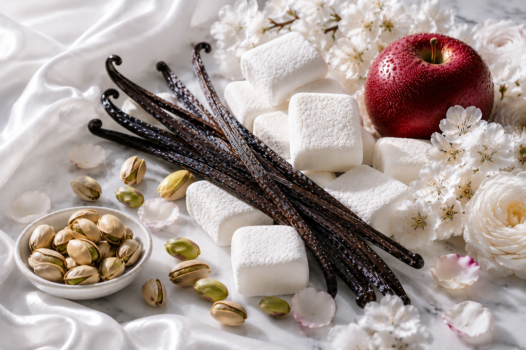 Luxury editorial fragrance composition featuring vanilla, marshmallow, pistachio, apple and white floral notes inspired by the Kayali fragrance style