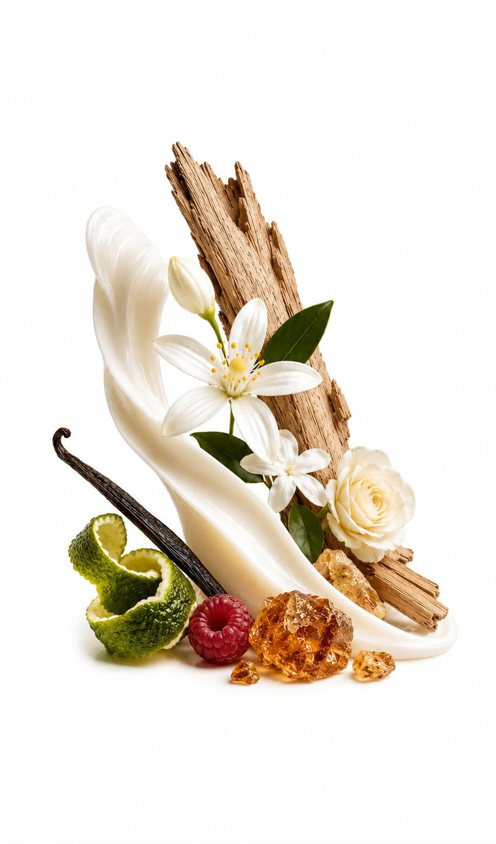 51 Notes For Women Perfume Oil inspired by 51 Pour Femme — fragrance-note image for a scent where a lush powdery floral with ripe fruit and warm woody sweetness.