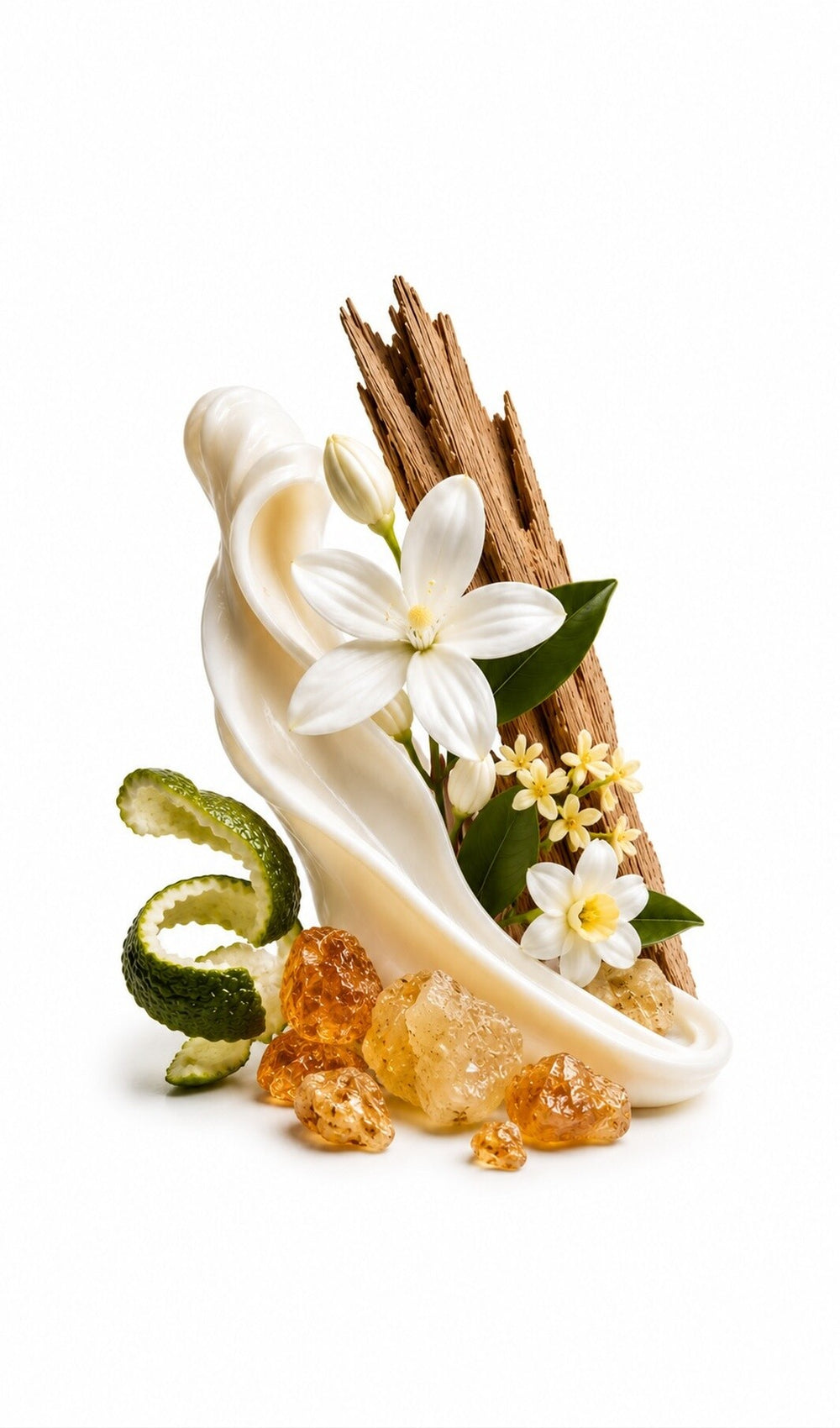 Aelin Perfume Oil inspired by Alien, Thierry Mugler — fragrance-note image for a scent where rich jasmine amber with smooth woods and deep, glowing warmth.