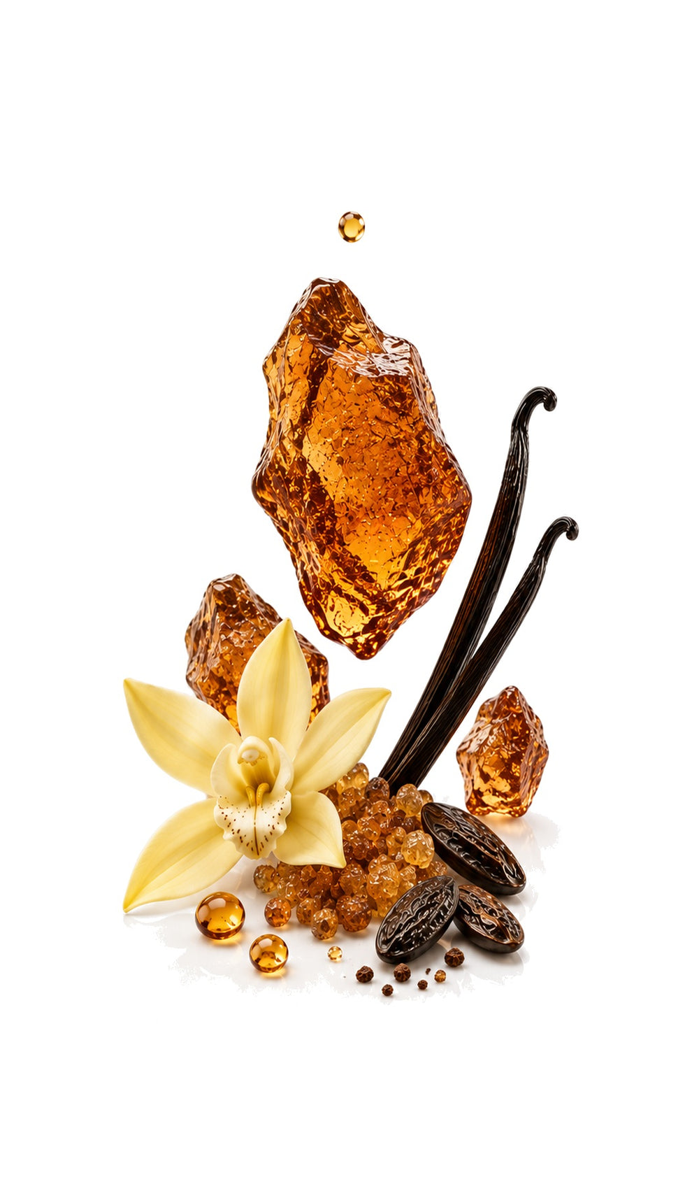 Amber Vanille Perfume Oil inspired by Grand Soir, Maison Francis Kurkdjian — fragrance-note image for a scent where glowing amber and vanilla are wrapped in benzoin and soft resinous warmth.