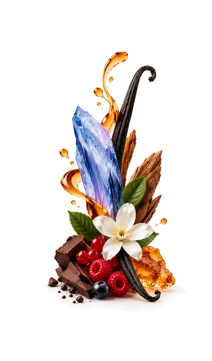 Angelic Essence Perfume Oil inspired by Angel, Thierry Mugler — fragrance-note image for a scent where sweet fruit, patchouli and chocolatey warmth create a bold gourmand.
