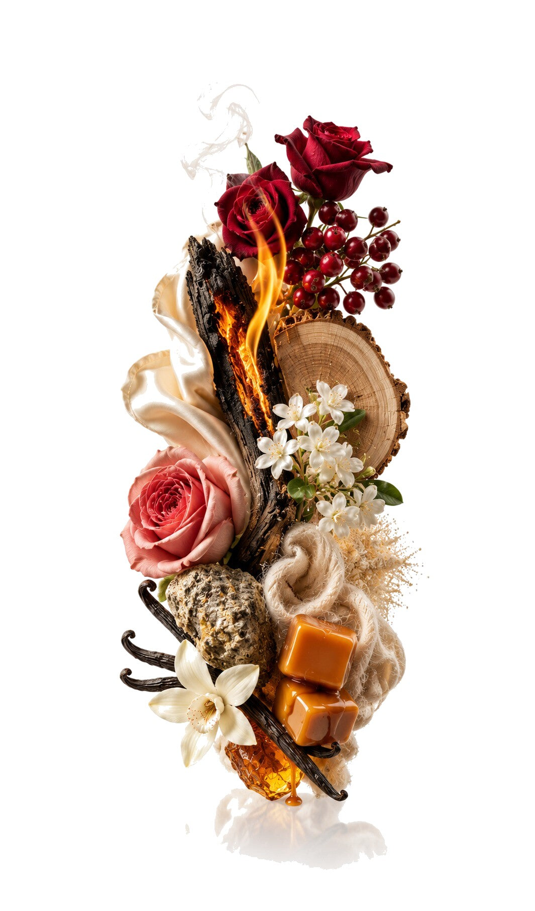Cosy Fire Perfume Oil inspired by By The Fireplace, Maison Martin Margiela — fragrance-note image for a scent where smoky chestnut and vanilla evoke warm, glowing fireplace sweetness.