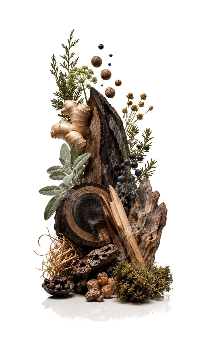 Dark Woods Perfume Oil inspired by Oud Wood Intense, Tom Ford — fragrance-note image for a scent where dark oud woods smoulder with smoky aromatic depth.