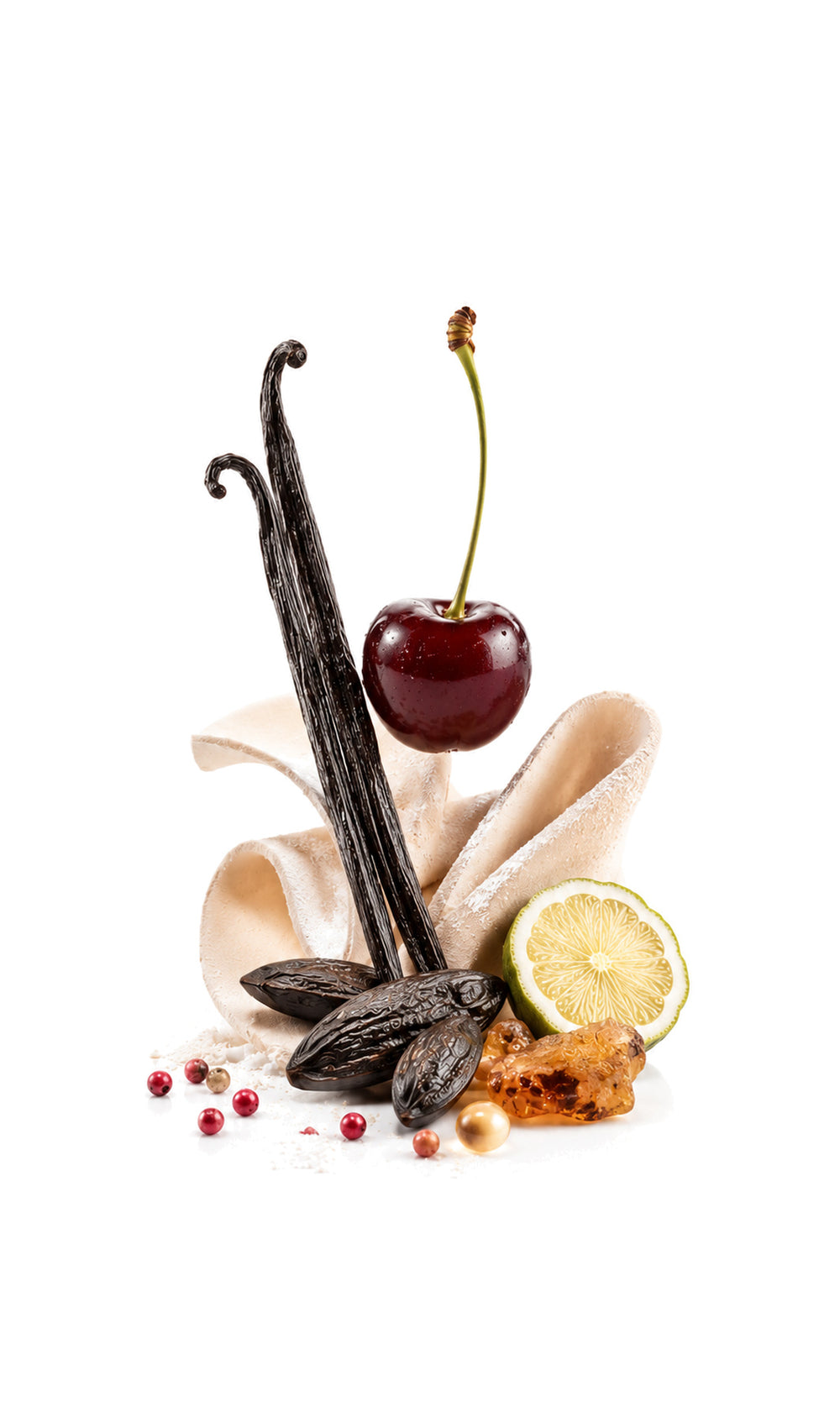 Flaming Dust Perfume Oil inspired by Rouge Smoking, BDK Parfums — fragrance-note image for a scent where cherry and vanilla melt into tonka and powdery warmth.