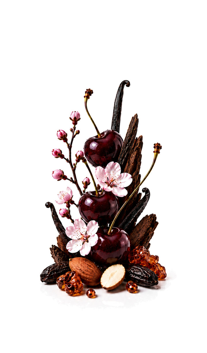 Forbidden Cherry Perfume Oil inspired by Lost Cherry, Tom Ford — fragrance-note image for a scent where luscious cherry and almond melt into vanilla and warm spice.