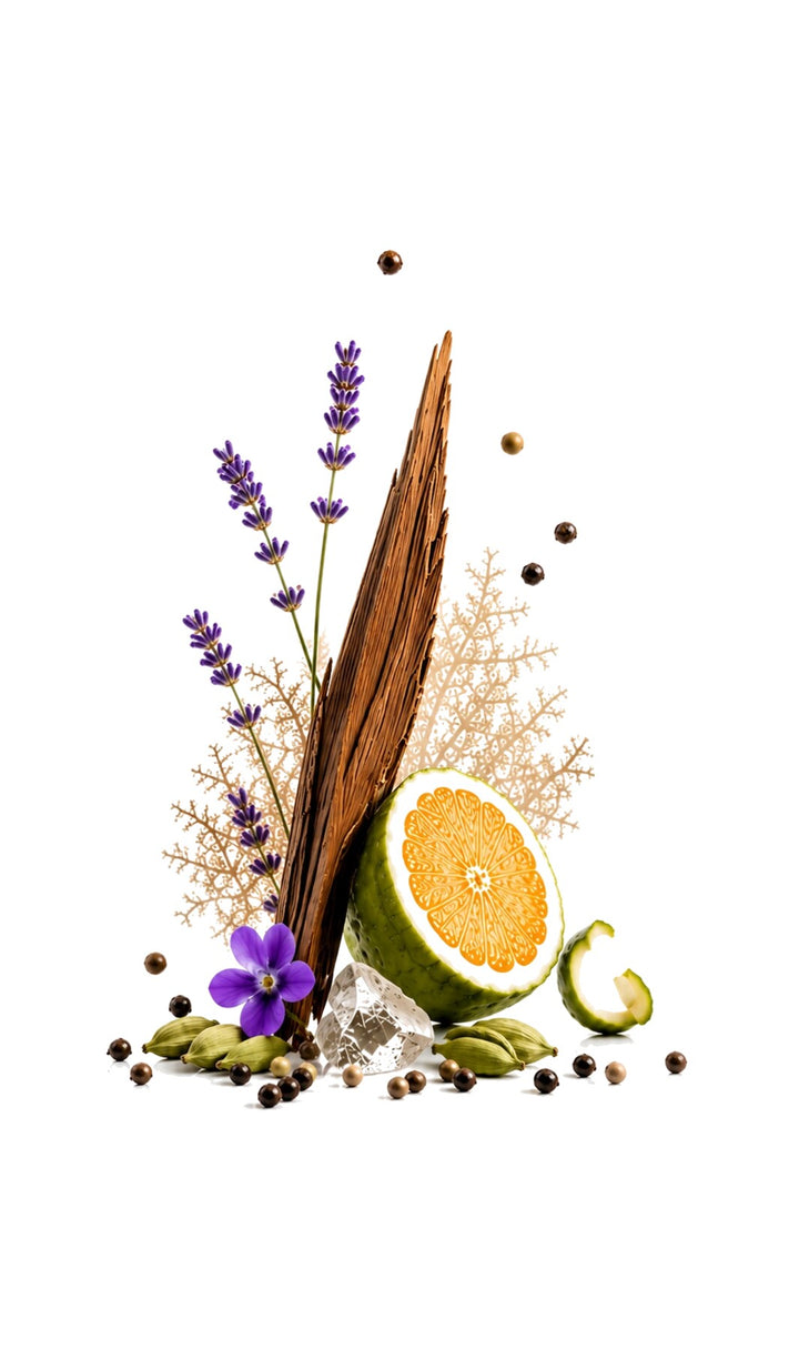 Galaxya Perfume Oil inspired by Meteore, Louis Vuitton — fragrance-note image for a scent where modern citrus and clean spice create an energetic aromatic freshness.