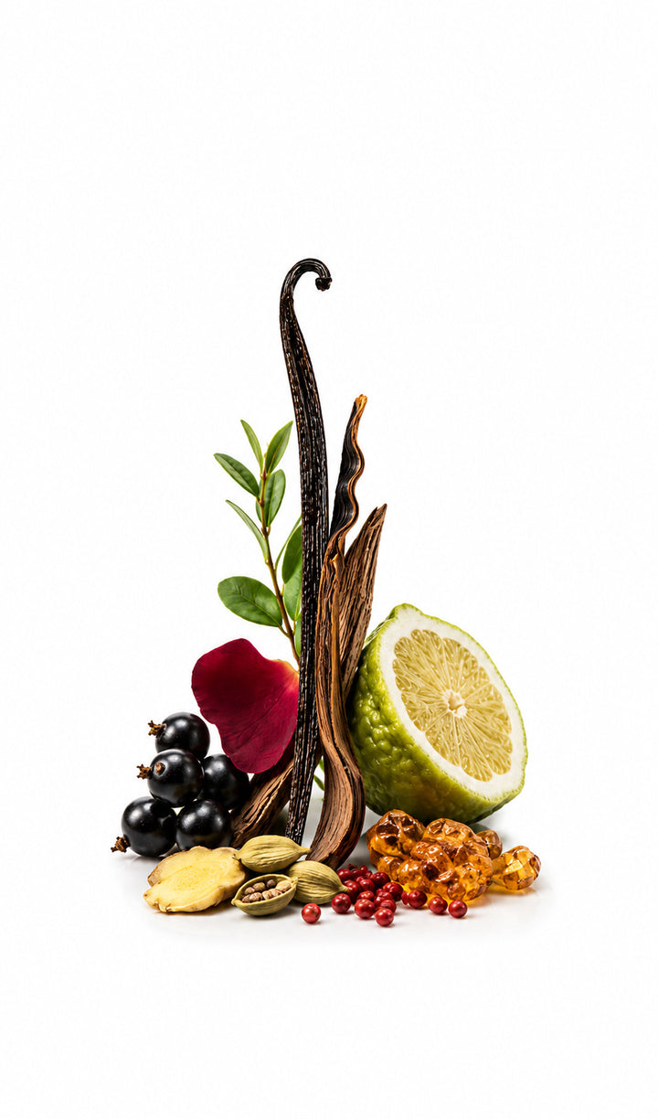 Ina Perfume Oil inspired by Ani, Nishane — fragrance-note image for a scent where green vanilla, citrus and spice settle into creamy, sophisticated woods.