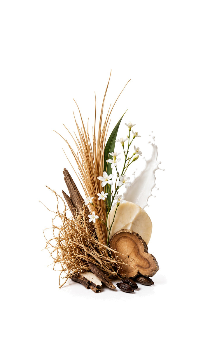 Light Vetiver Perfume Oil inspired by Vetiver Moloko, Ex Nihilo — fragrance-note image for a scent where clean vetiver and fresh aromatics settle into smooth woods.