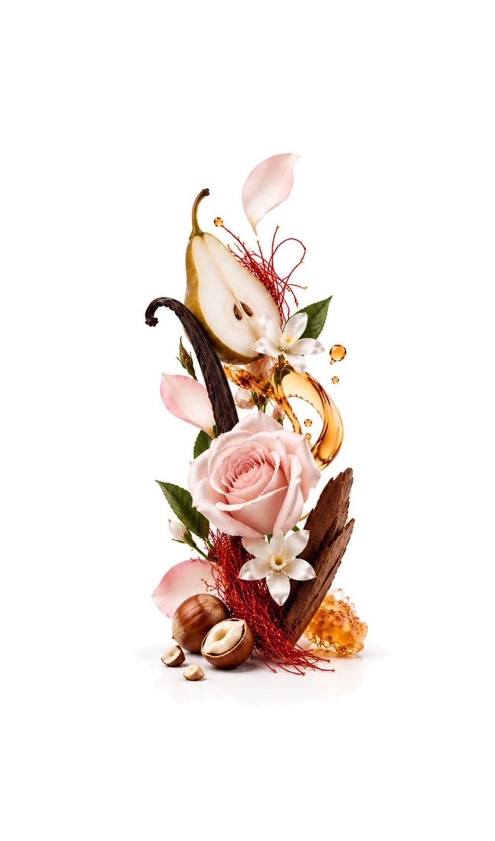 Luna Perfume Oil inspired by Guidance, Amouage — fragrance-note image for a scent where pear and rose glow through warm woods in a luminous fruity floral.