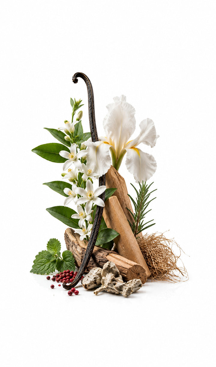 Mirror Man Perfume Oil inspired by Reflection Man, Amouage — fragrance-note image for a scent where neroli and aromatic spice settle into creamy sandalwood.
