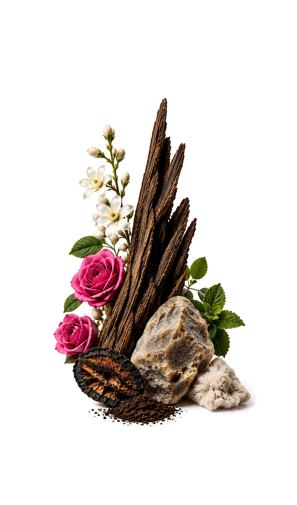 Nomade Land Perfume Oil inspired by Ombre Nomade, Louis Vuitton — fragrance-note image for a scent where smoky oud and rose deepen with raspberry and leathery richness.