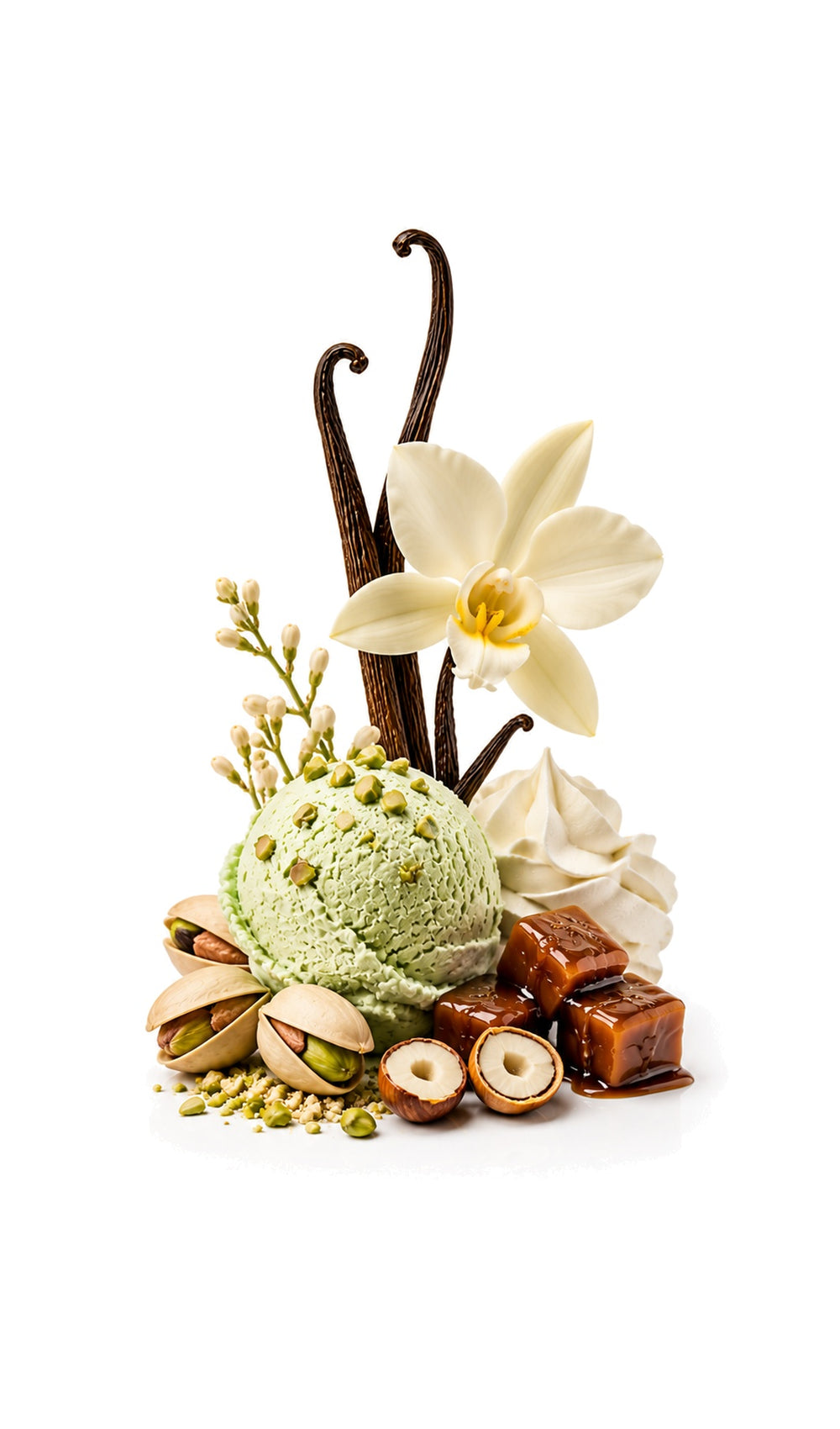 Pistachio Frost Perfume Oil inspired by Yum Pistachio Gelato 33, Kayali — fragrance-note image for a scent where pistachio gelato and vanilla create a creamy, fluffy gourmand.
