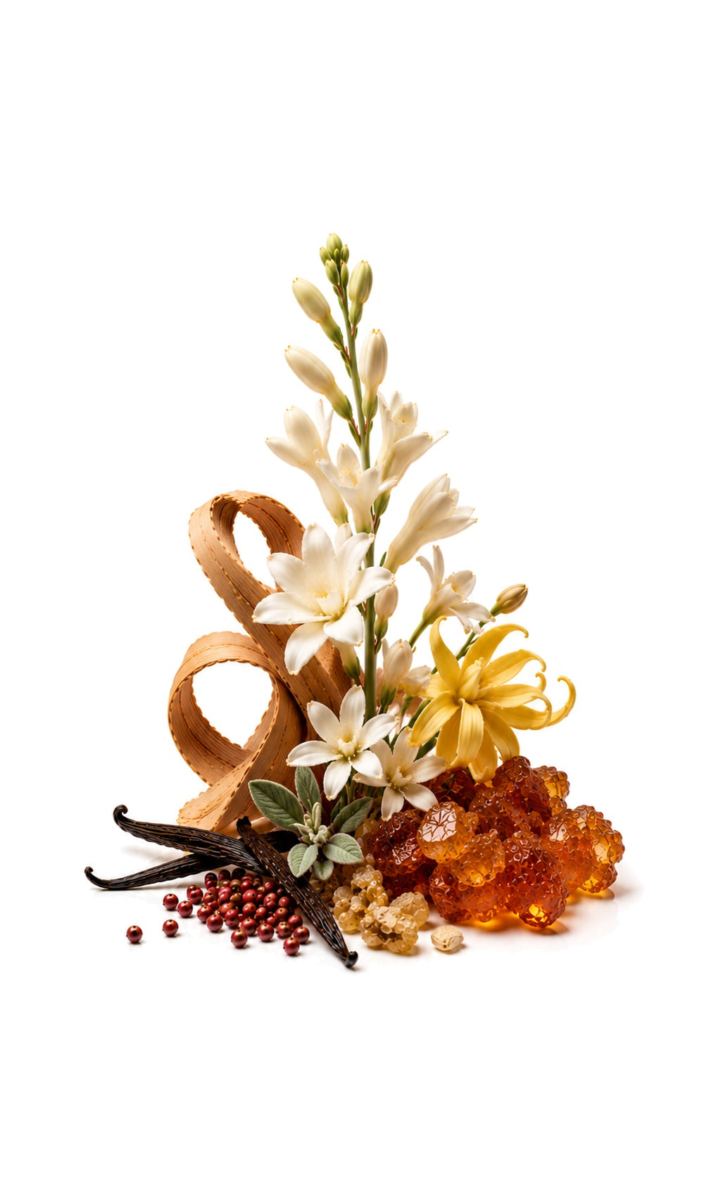 Red Stone Perfume Oil inspired by Rouge Malachite, Armani Prive — fragrance-note image for a scent where rich tuberose blooms over warm amber and creamy musk.