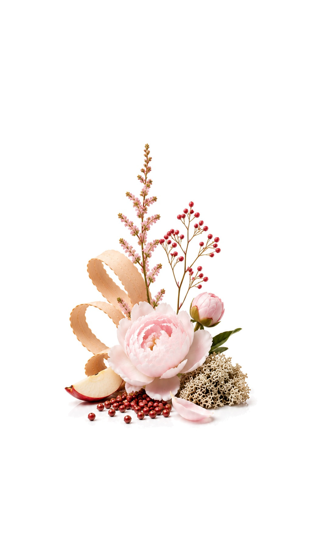 Romansa Perfume Oil inspired by Peony &amp; Blush Suede, Jo Malone — fragrance-note image for a scent where peony and crisp fruit soften into suede-like musk.