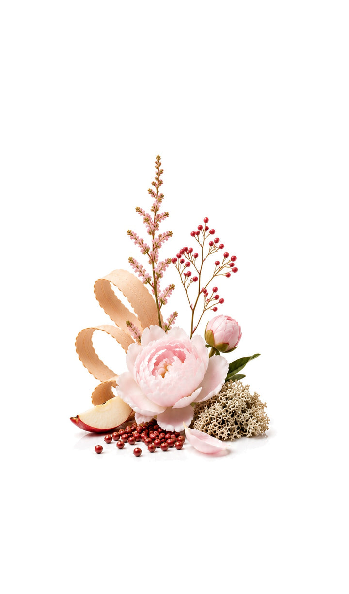 Romansa Perfume Oil inspired by Peony &amp; Blush Suede, Jo Malone — fragrance-note image for a scent where peony and crisp fruit soften into suede-like musk.