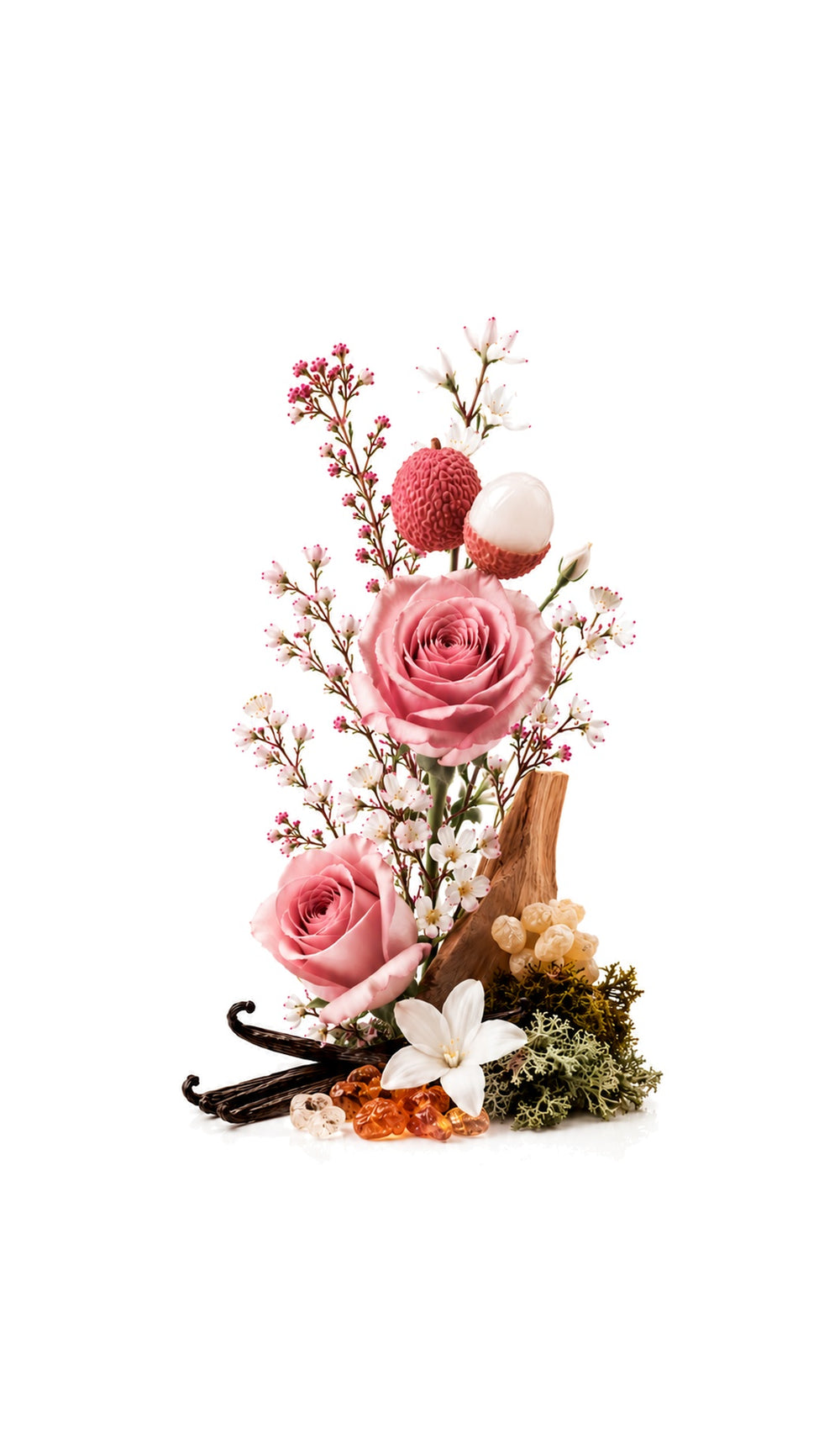 Rosa Exclusif Perfume Oil inspired by Delina Exclusif, Parfums de Marly — fragrance-note image for a scent where rose and lychee melt into vanilla and powdery warmth.