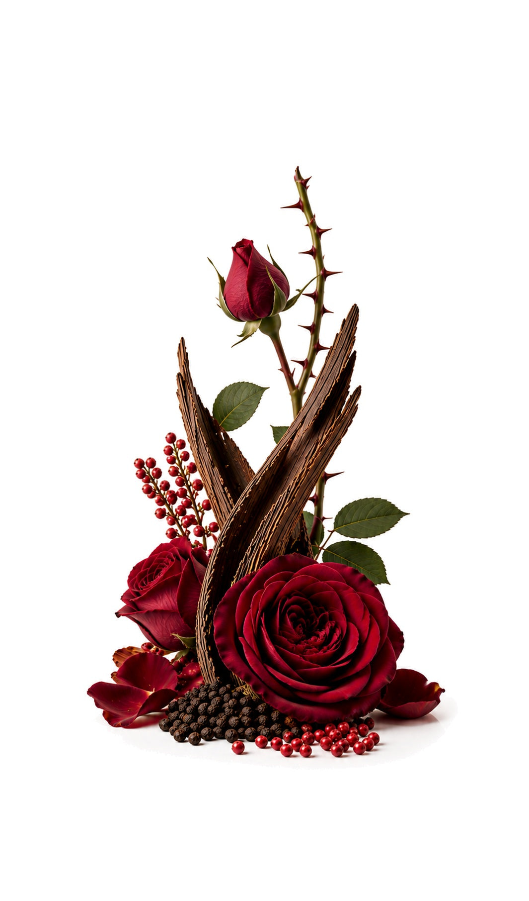 Rose With Thorns Perfume Oil inspired by Rose Prick, Tom Ford — fragrance-note image for a scent where spicy rose and patchouli settle into earthy woody depth.