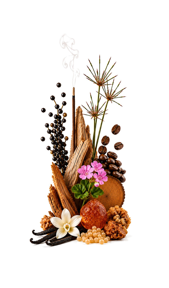 Sixth Sense Perfume Oil inspired by Ences Suave, Matiere Premiere — fragrance-note image for a scent where smoky incense and coffee melt into vanilla and resinous benzoin.