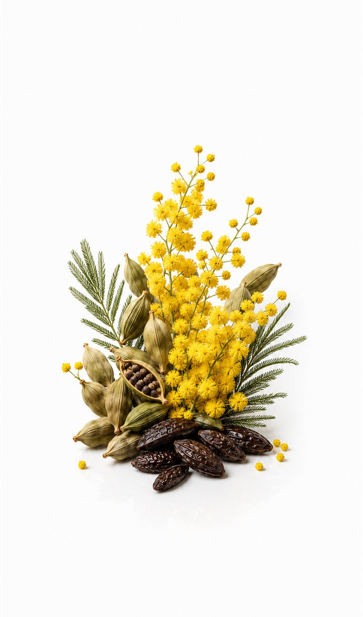 Spicy Mimosa Perfume Oil inspired by Mimosa and Cardamom, Jo Malone — fragrance-note image for a scent where soft mimosa and cardamom create warm, powdery spice.