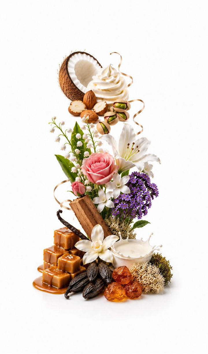 Sunny Crush Perfume Oil inspired by Brazilian Crush Cheirosa 62, Sol de Janeiro — fragrance-note image for a scent where pistachio and caramel melt into vanilla and soft florals.