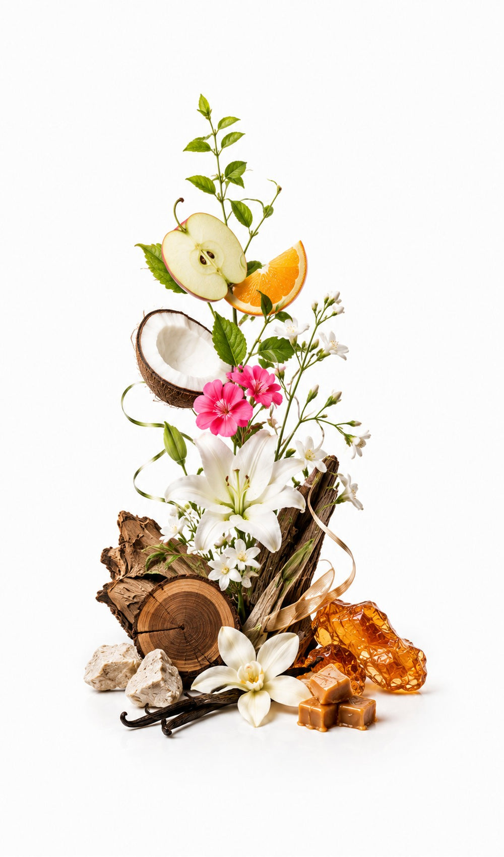 Sweet Silence Perfume Oil inspired by 100 Silent Ways, Nishane — fragrance-note image for a scent where vanilla and peach soften into florals and smooth woods.