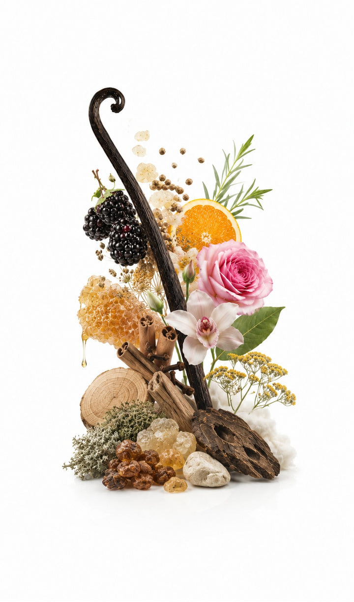 Triumph Perfume Oil inspired by Jubilation XXV Man, Amouage — fragrance-note image for a scent where incense and oud deepen into rich woods and dark fruit.