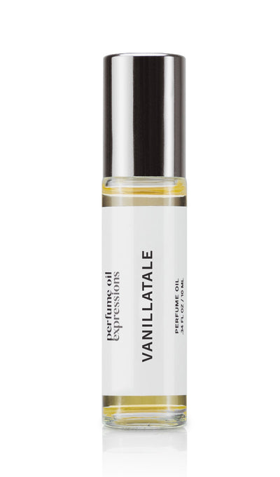 Bottle of Vanillatale Perfume Oil, a dupe for Vanilla 28 by Kayali, sweet vanilla, brown sugar, and amber scent, alcohol-free and cruelty-free