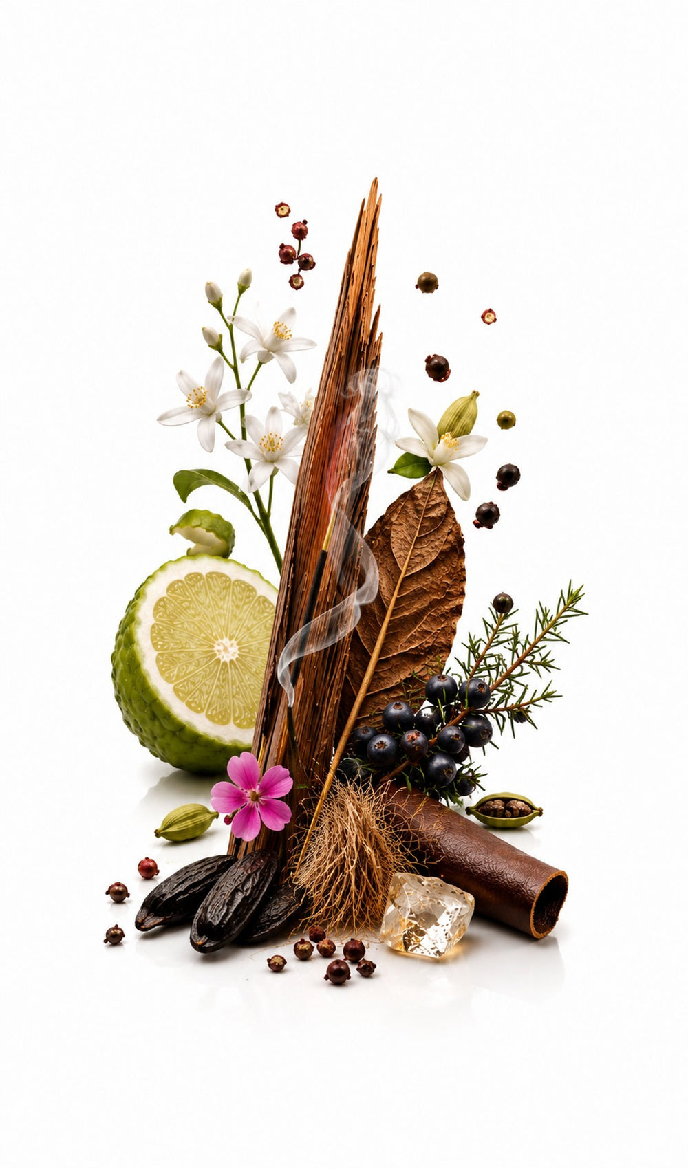 Wayfarer Perfume Oil inspired by Journey Man, Amouage — fragrance-note image for a scent where spiced tobacco and woods brighten with citrus before turning smoky.
