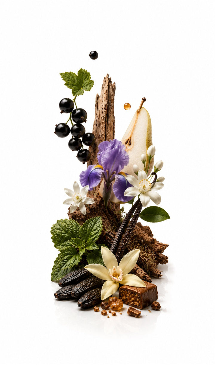 Within Dreams Perfume Oil inspired by La Vie Est Belle, Lancome — fragrance-note image for a scent where iris and praline melt into pear, blackcurrant and vanilla warmth.